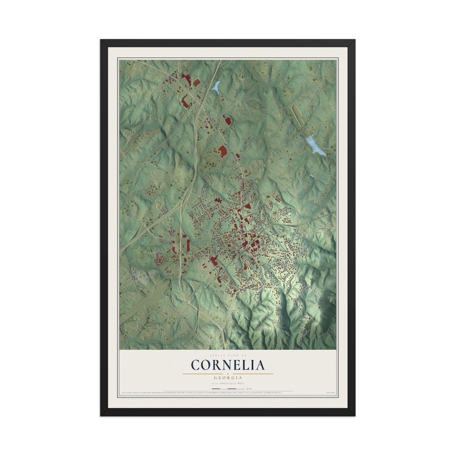 Cornelia, Georgia map print, 12" x 18" W/ Black Ayous Wood Frame mockup