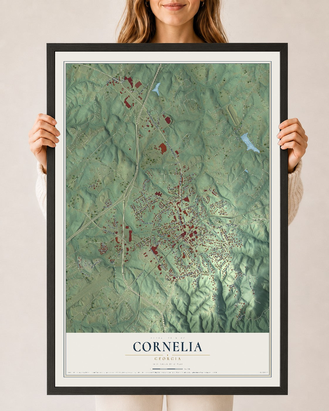 Cornelia, Georgia map print, 24" x 36" W/ Black Ayous Wood Frame mockup