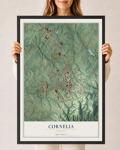Cornelia, Georgia map print, 24" x 36" W/ Black Ayous Wood Frame mockup