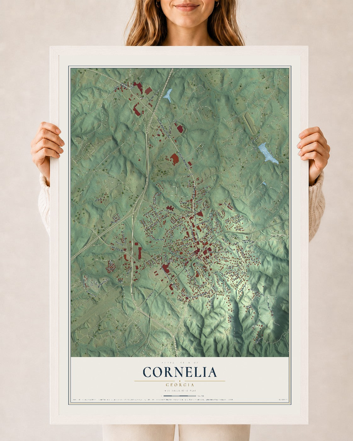Cornelia, Georgia map print, 24" x 36" W/ White Ayous Wood Frame mockup