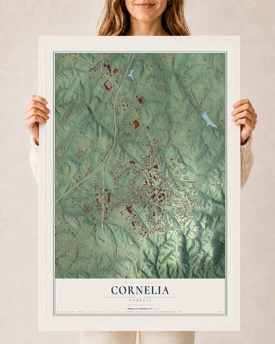 Cornelia, Georgia map print, 24" x 36" W/ White Ayous Wood Frame mockup