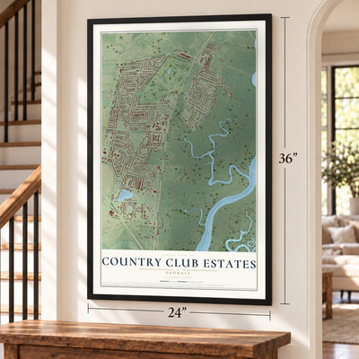 Country Club Estates, Georgia map, 24 x 36 inch print in a black frame by a staircase