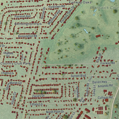 Close-up of the map of Country Club Estates, Georgia print showing street and building detail
