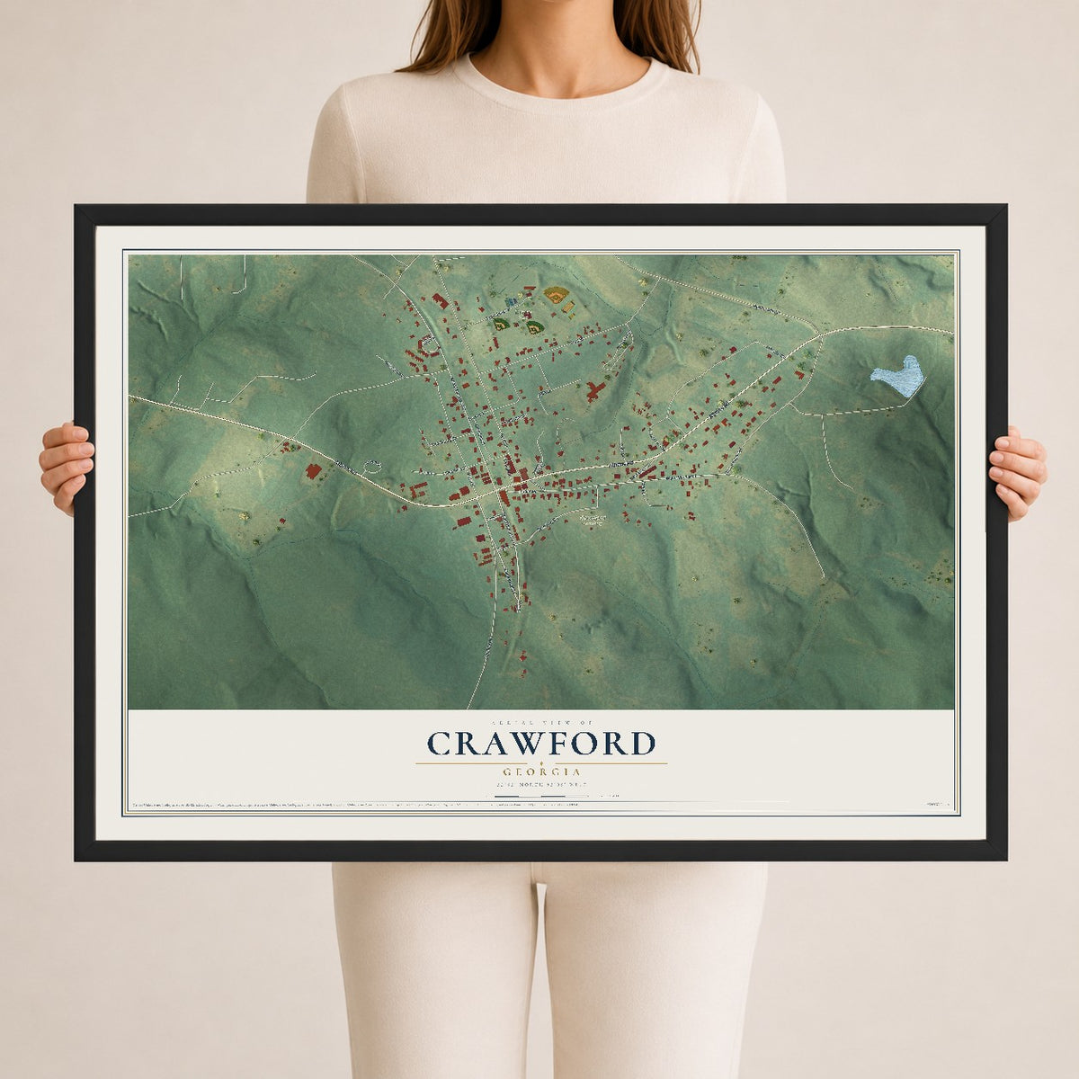 Crawford, Georgia map print, 24" x 36" W/ Black Ayous Wood Frame mockup