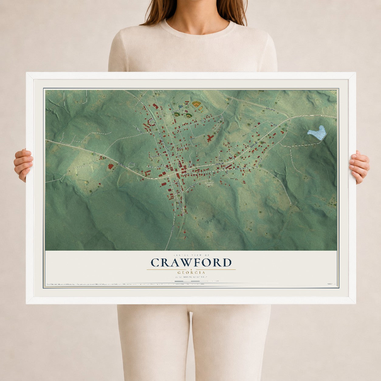 Crawford, Georgia map print, 24" x 36" W/ White Ayous Wood Frame mockup