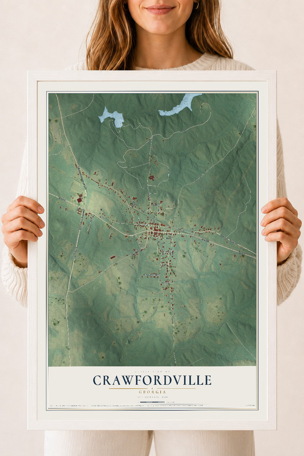 Crawfordville, Georgia map print, 18" x 24" W/ White Ayous Wood Frame mockup