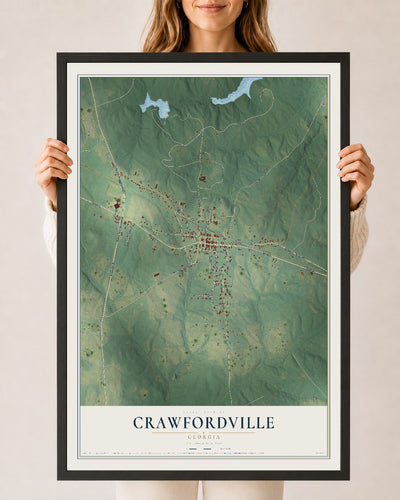 Crawfordville, Georgia map print, 24" x 36" W/ Black Ayous Wood Frame mockup