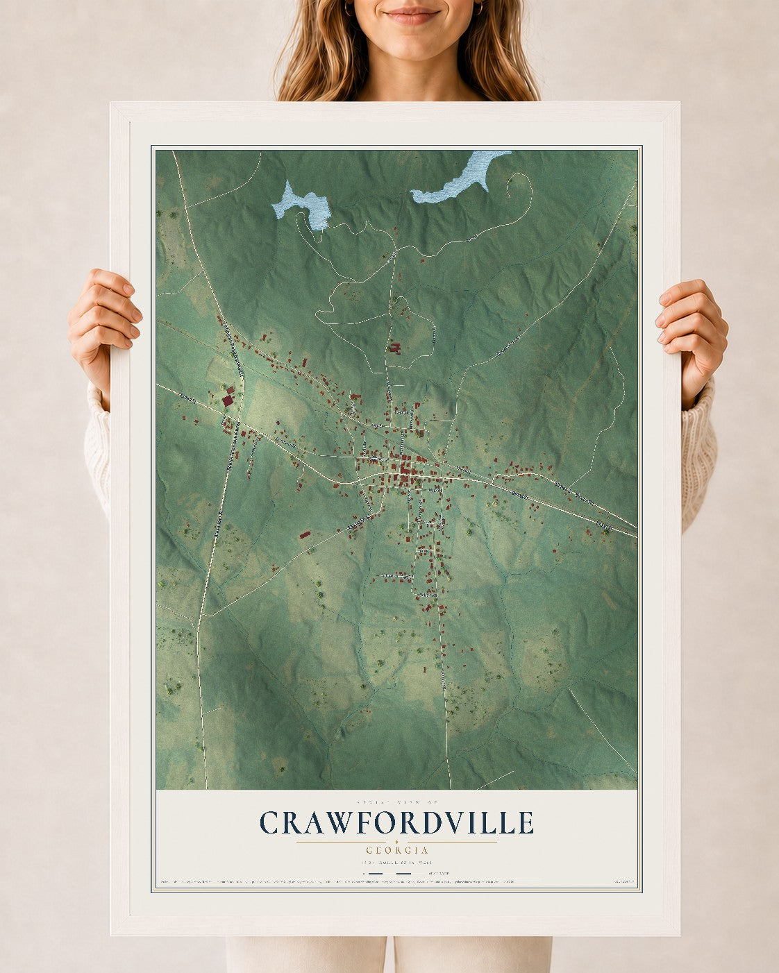 Crawfordville, Georgia map print, 24" x 36" W/ White Ayous Wood Frame mockup