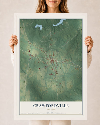 Crawfordville, Georgia map print, 24" x 36" W/ White Ayous Wood Frame mockup