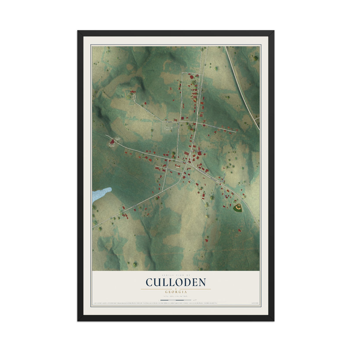 Culloden, Georgia map print, 12" x 18" W/ Black Ayous Wood Frame mockup