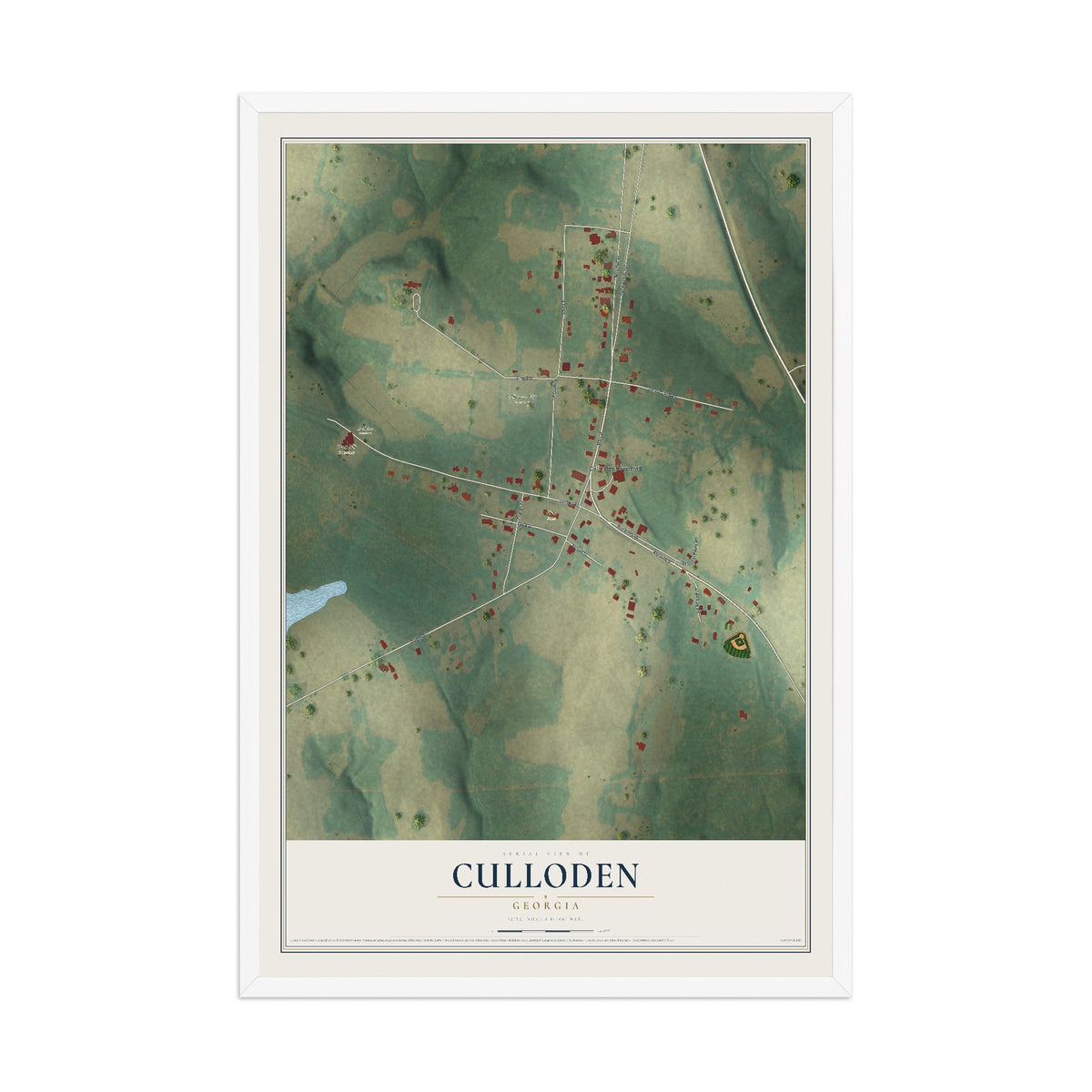 Culloden, Georgia map print, 12" x 18" W/ White Ayous Wood Frame mockup