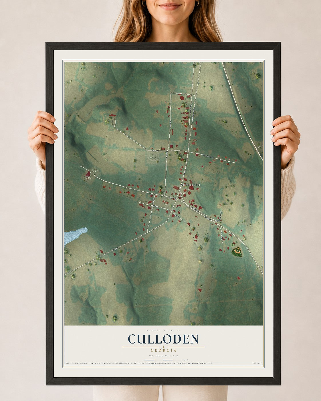 Culloden, Georgia map print, 24" x 36" W/ Black Ayous Wood Frame mockup