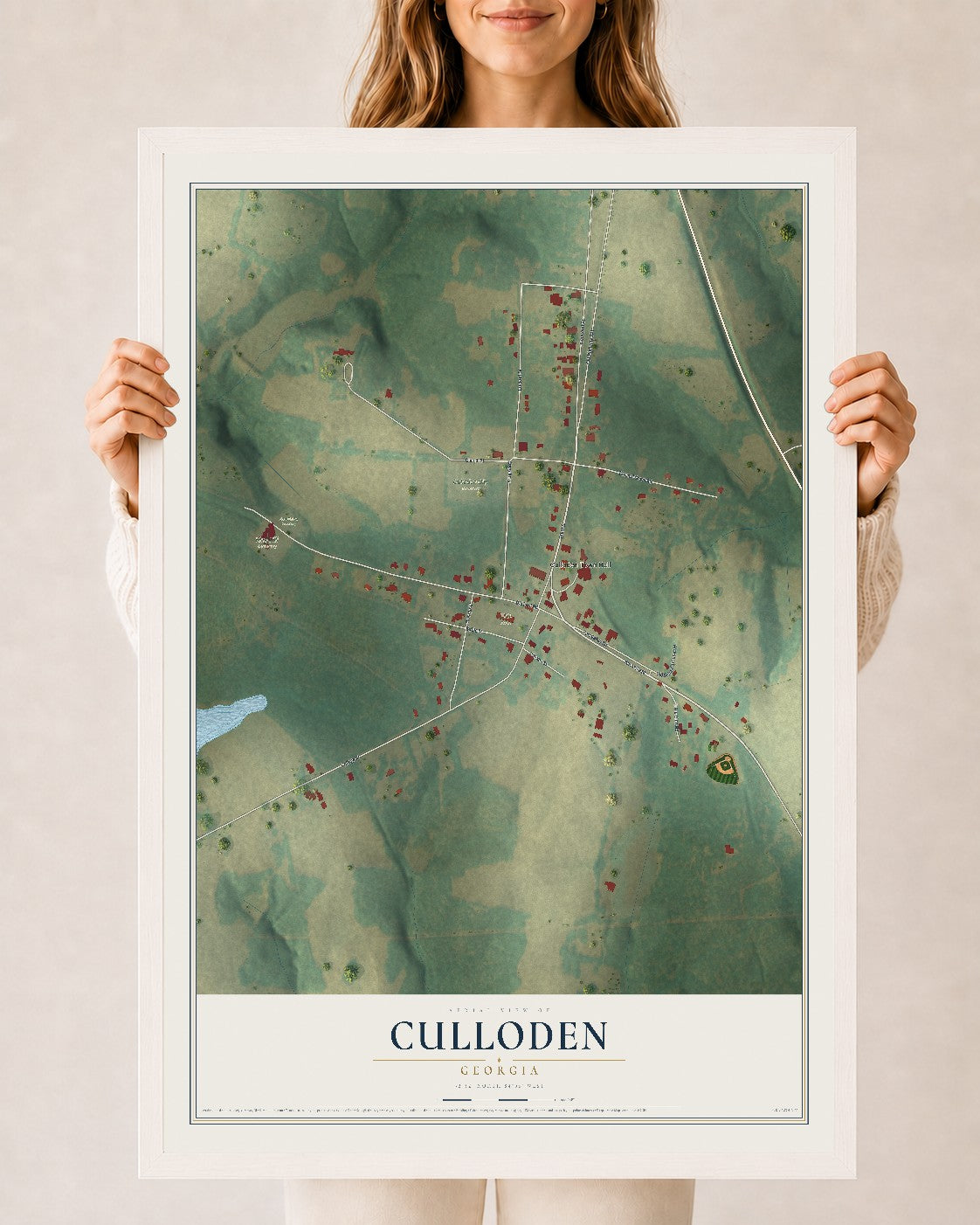 Culloden, Georgia map print, 24" x 36" W/ White Ayous Wood Frame mockup