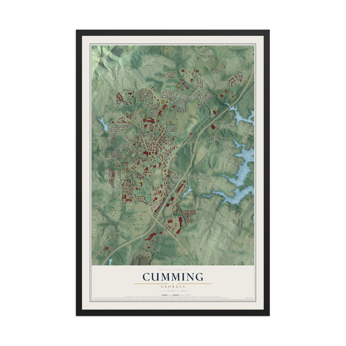 Cumming, Georgia map print, 12" x 18" W/ Black Ayous Wood Frame mockup