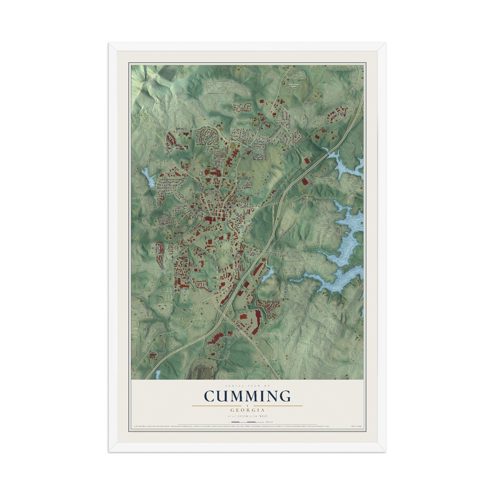 Cumming, Georgia map print, 12" x 18" W/ White Ayous Wood Frame mockup