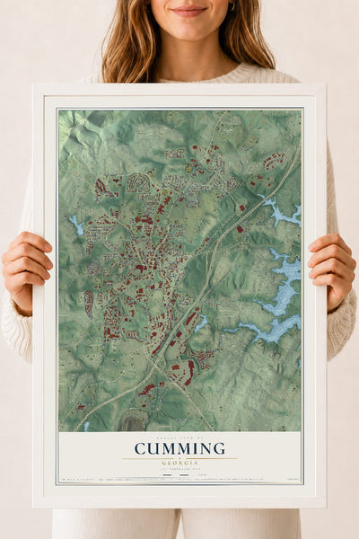 Cumming, Georgia map print, 18" x 24" W/ White Ayous Wood Frame mockup