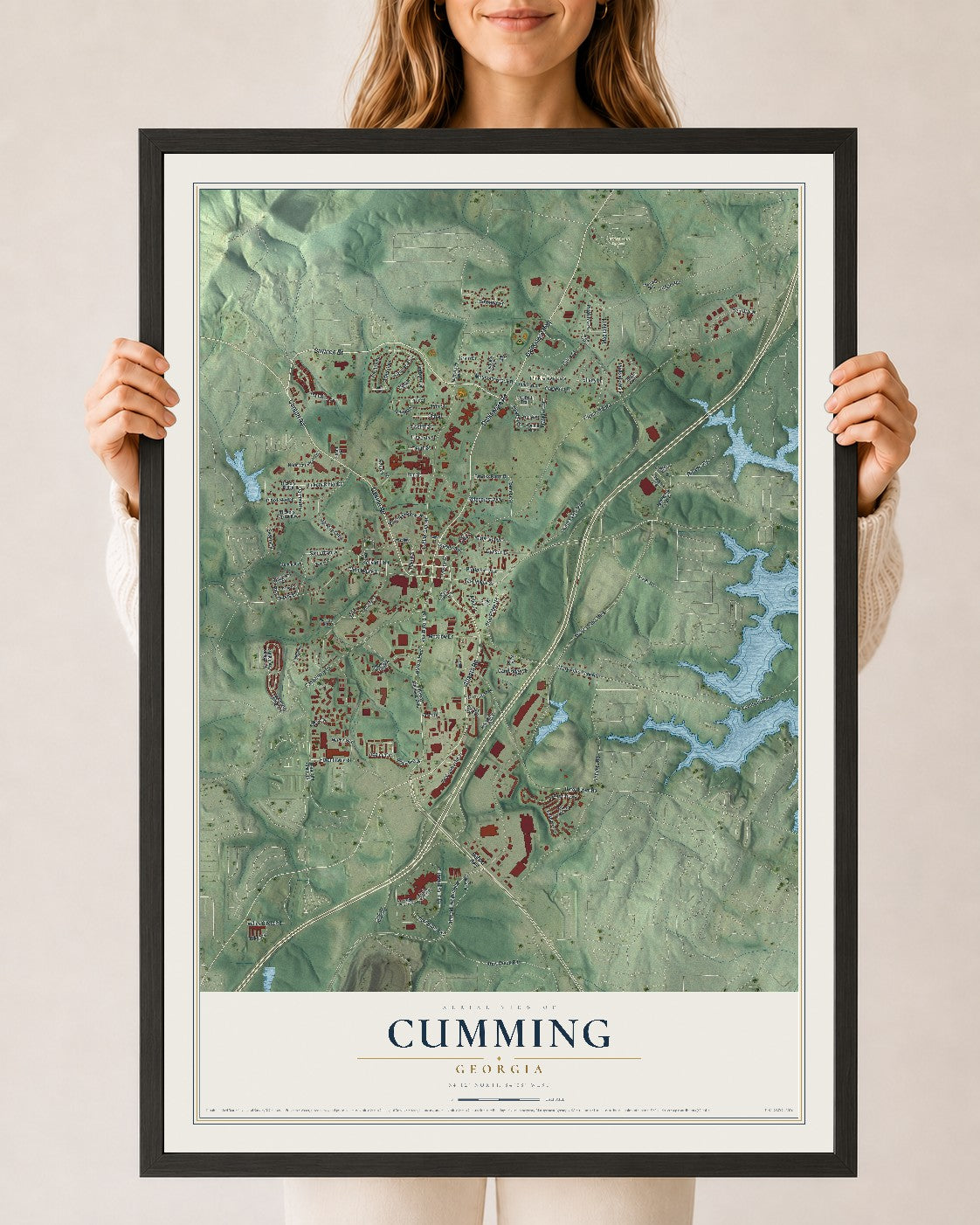 Cumming, Georgia map print, 24" x 36" W/ Black Ayous Wood Frame mockup