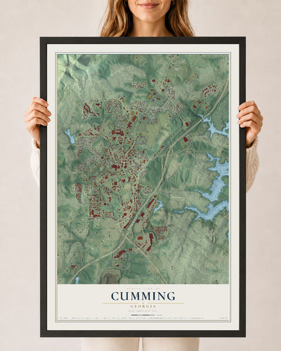 Cumming, Georgia map print, 24" x 36" W/ Black Ayous Wood Frame mockup