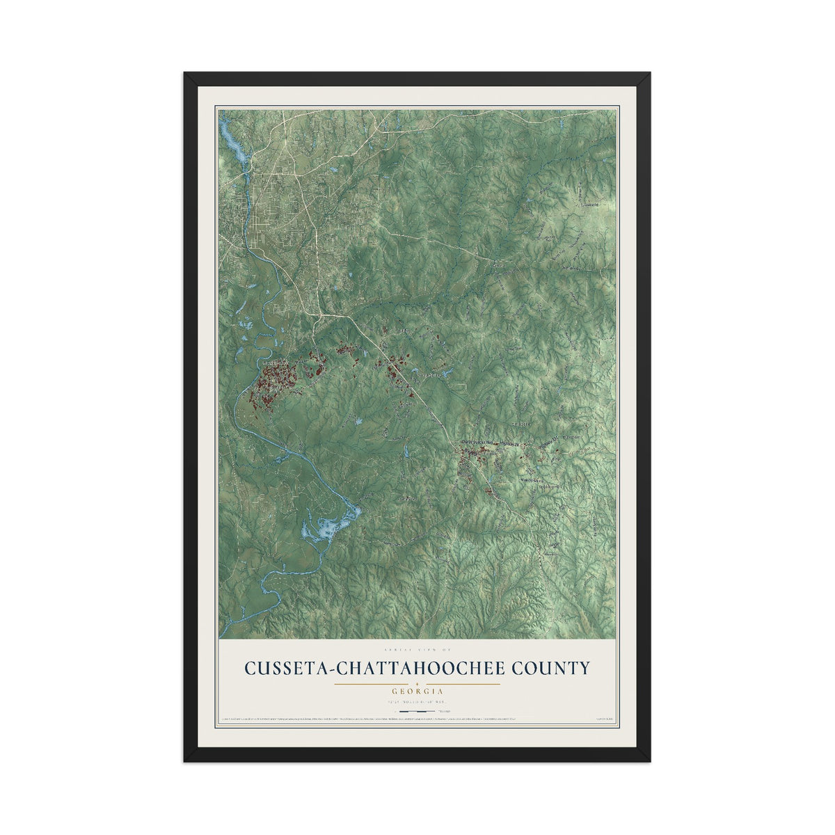 Cusseta-Chattahoochee County, Georgia map print, 12" x 18" W/ Black Ayous Wood Frame mockup