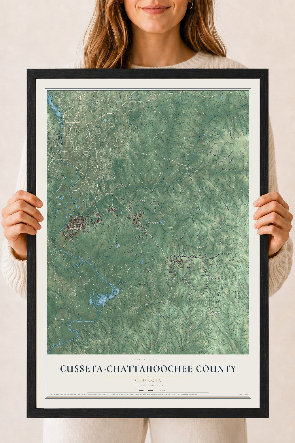 Cusseta-Chattahoochee County, Georgia map print, 18" x 24" W/ Black Ayous Wood Frame mockup