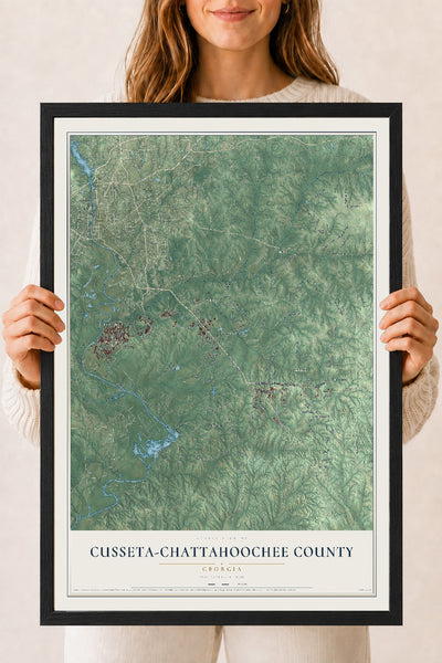 Cusseta-Chattahoochee County, Georgia map print, 18" x 24" W/ Black Ayous Wood Frame mockup