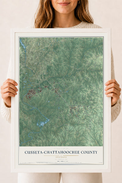 Cusseta-Chattahoochee County, Georgia map print, 18" x 24" W/ White Ayous Wood Frame mockup