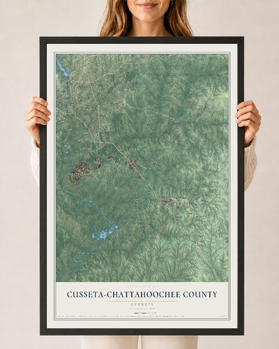 Cusseta-Chattahoochee County, Georgia map print, 24" x 36" W/ Black Ayous Wood Frame mockup