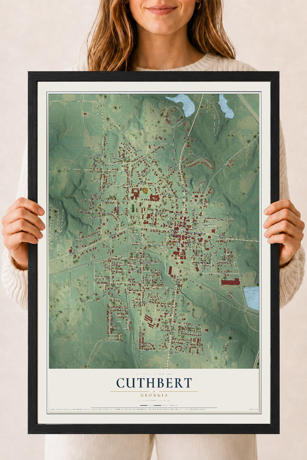 Cuthbert, Georgia map print, 18" x 24" W/ Black Ayous Wood Frame mockup