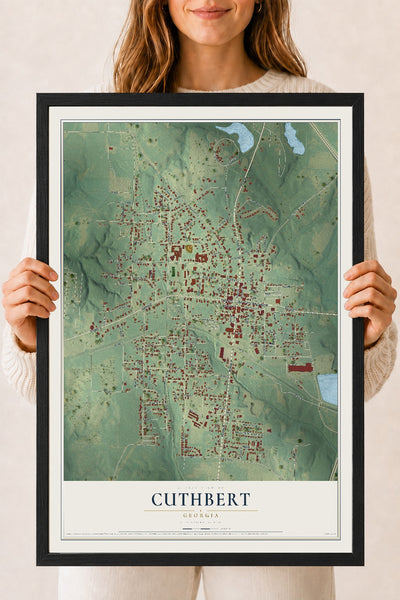 Cuthbert, Georgia map print, 18" x 24" W/ Black Ayous Wood Frame mockup