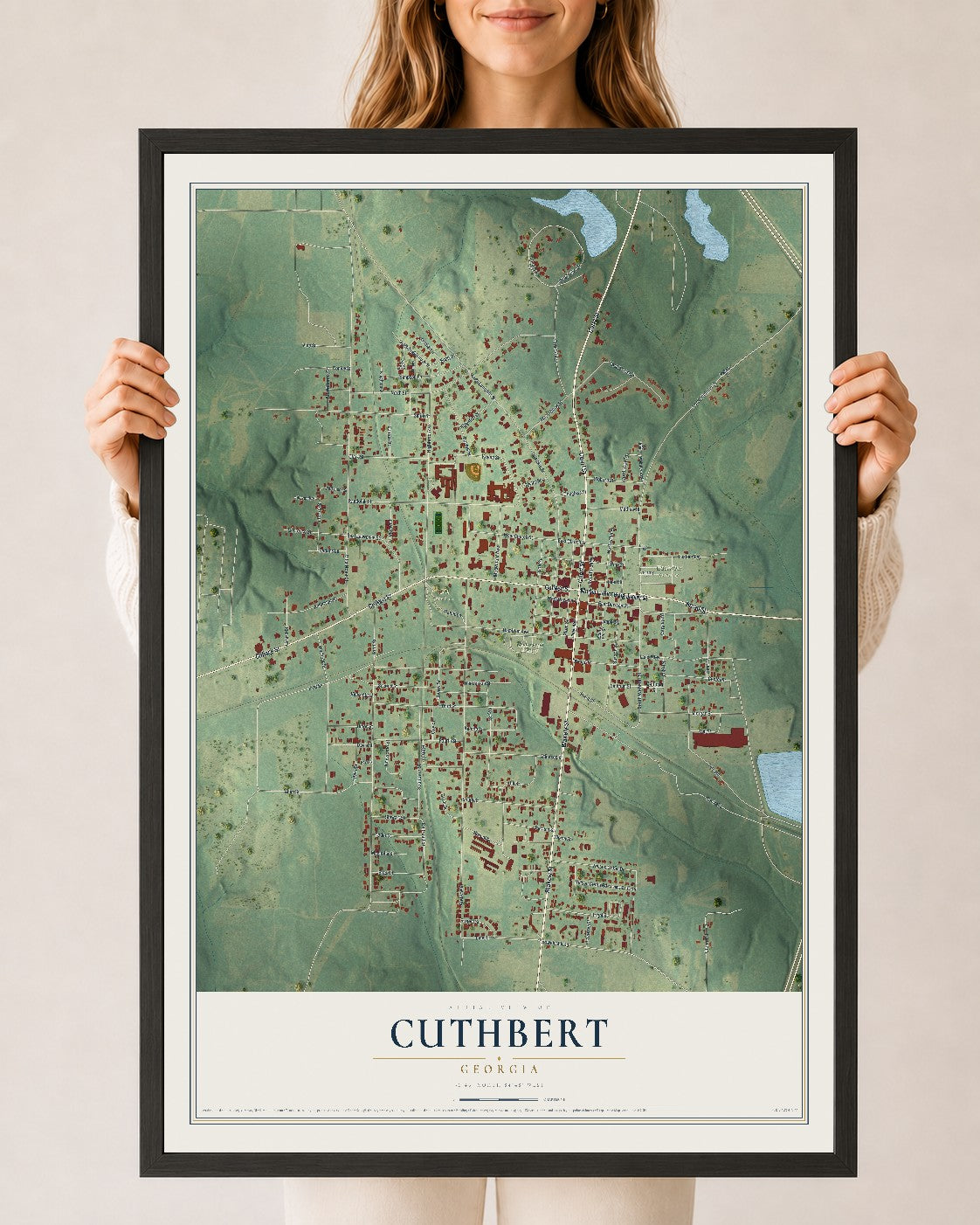 Cuthbert, Georgia map print, 24" x 36" W/ Black Ayous Wood Frame mockup