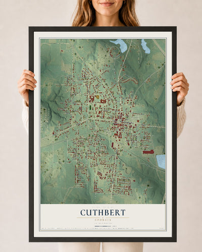 Cuthbert, Georgia map print, 24" x 36" W/ Black Ayous Wood Frame mockup