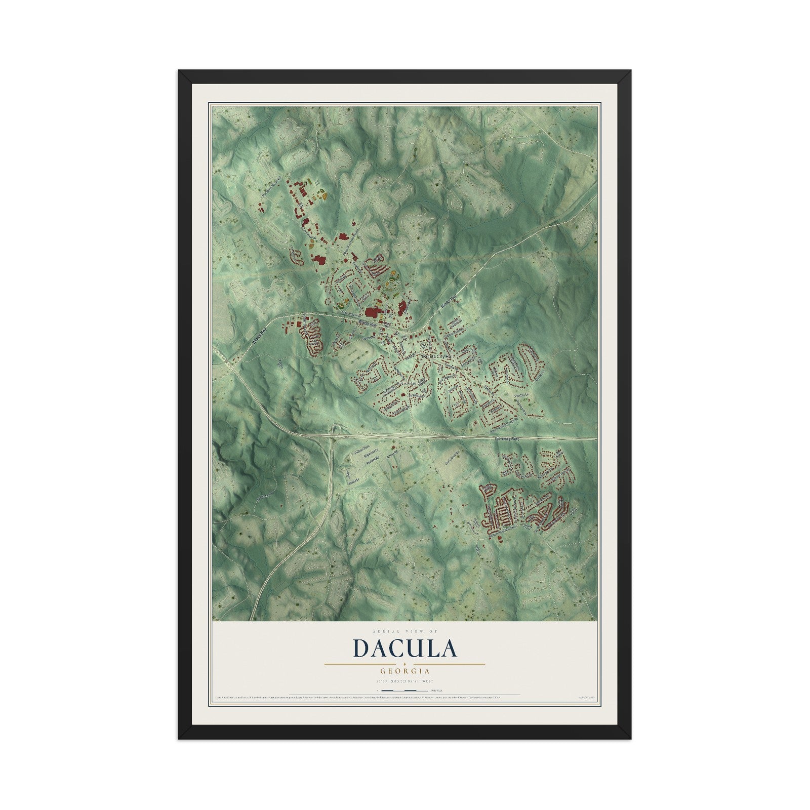 Dacula, Georgia map print, 12" x 18" W/ Black Ayous Wood Frame mockup