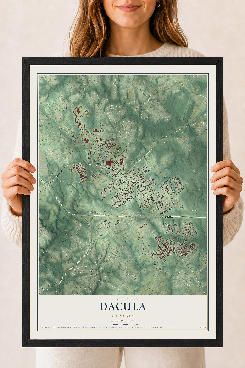 Dacula, Georgia map print, 18" x 24" W/ Black Ayous Wood Frame mockup