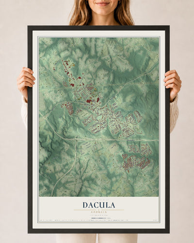Dacula, Georgia map print, 24" x 36" W/ Black Ayous Wood Frame mockup