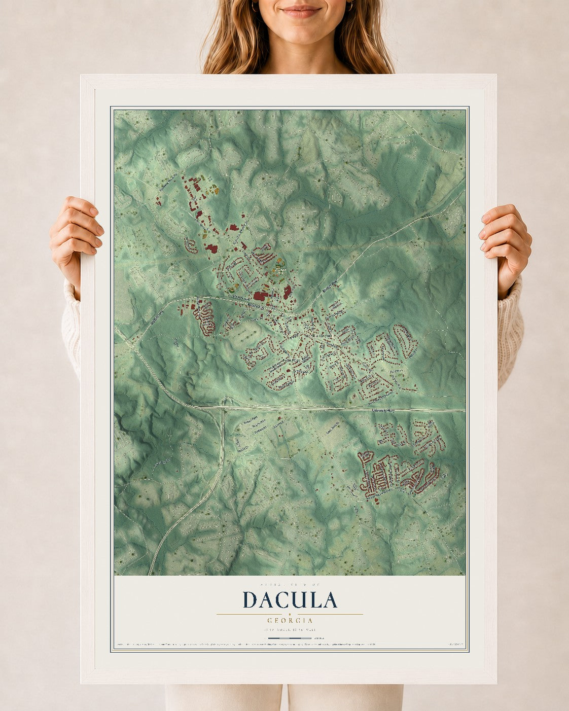 Dacula, Georgia map print, 24" x 36" W/ White Ayous Wood Frame mockup