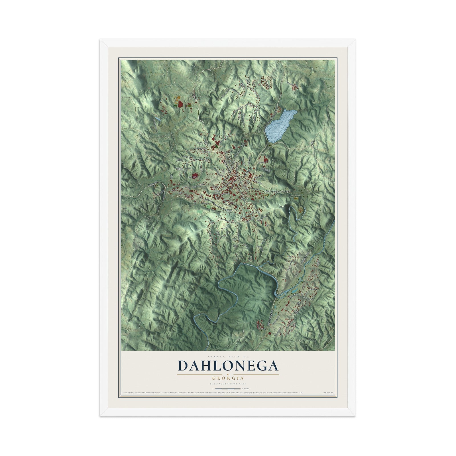 Dahlonega, Georgia map print, 12" x 18" W/ White Ayous Wood Frame mockup