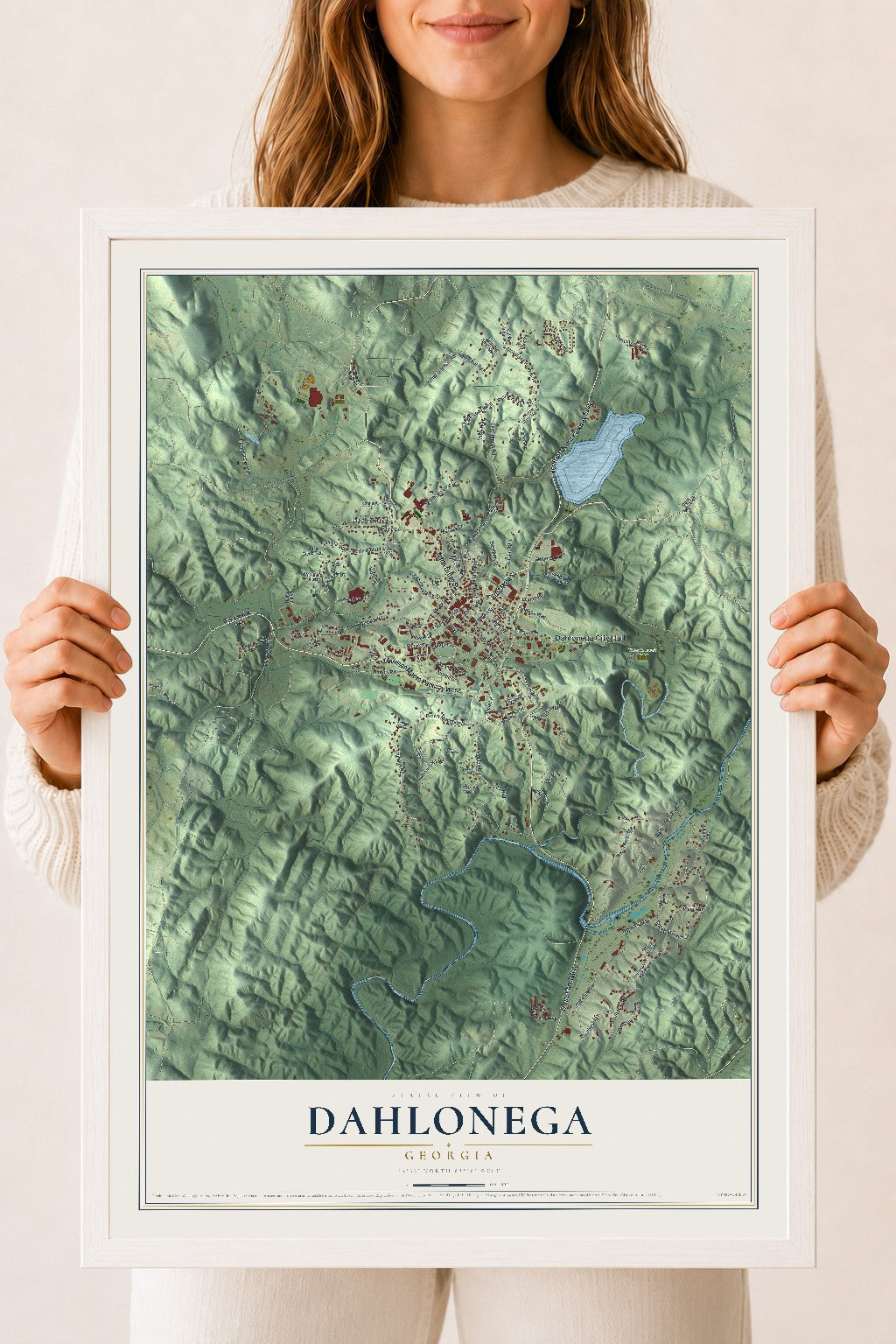 Dahlonega, Georgia map print, 18" x 24" W/ White Ayous Wood Frame mockup