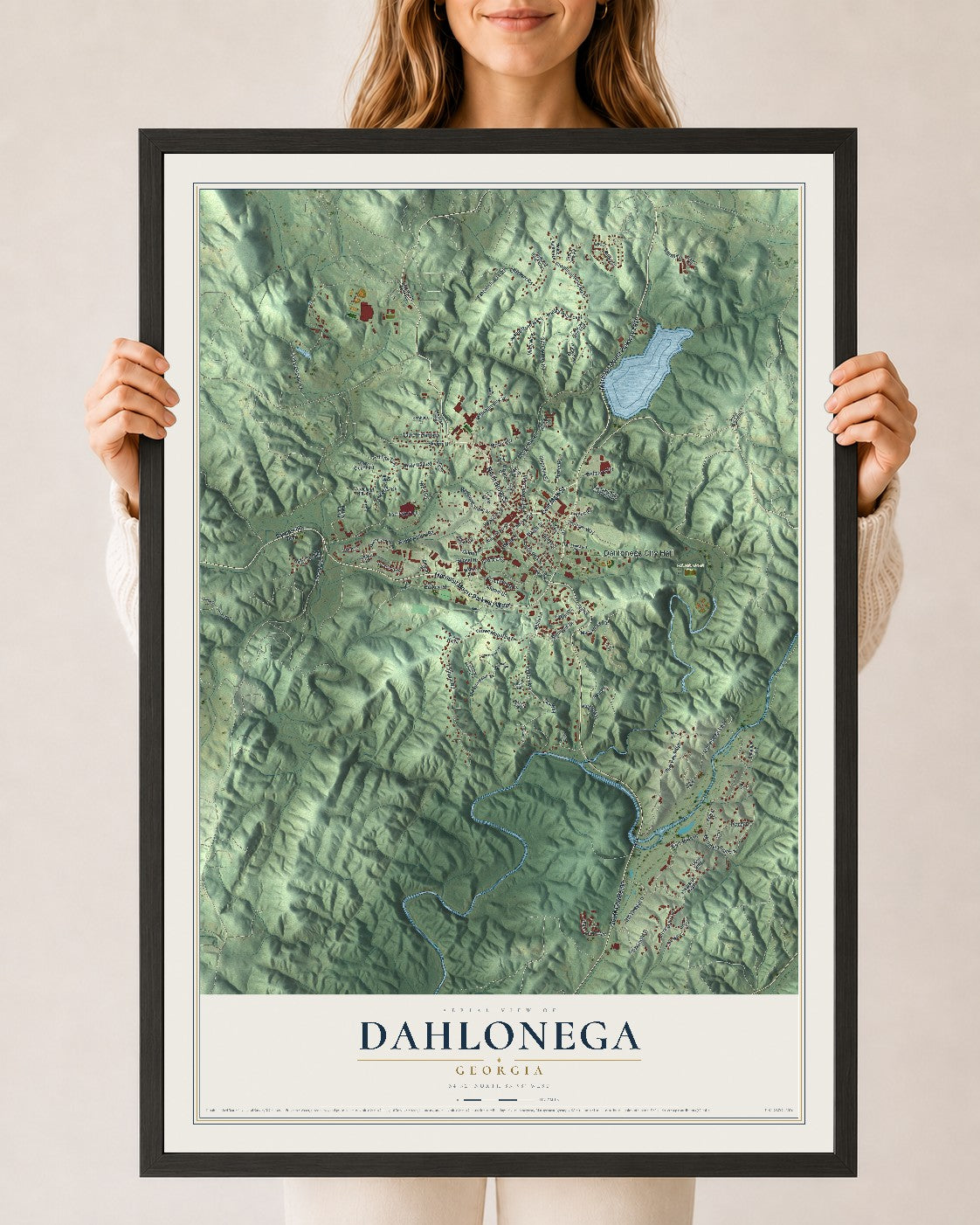 Dahlonega, Georgia map print, 24" x 36" W/ Black Ayous Wood Frame mockup