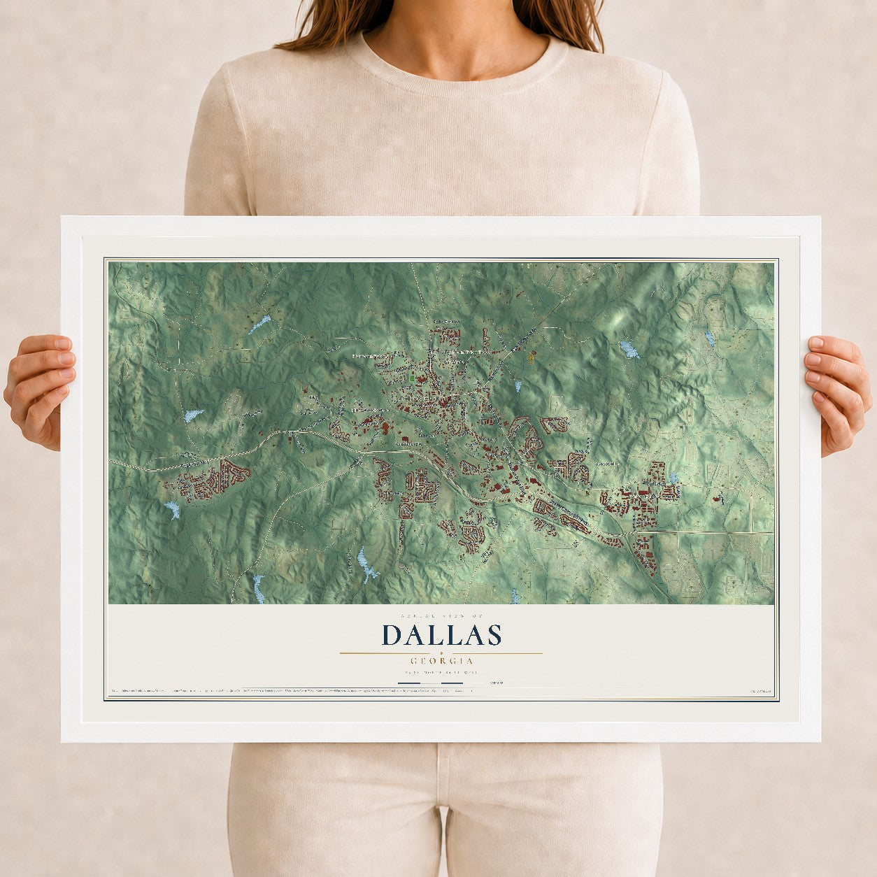 Dallas, Georgia map print, 12" x 18" W/ White Ayous Wood Frame mockup