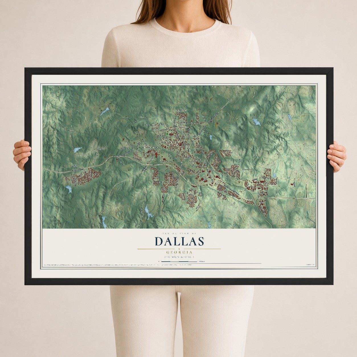 Dallas, Georgia map print, 24" x 36" W/ Black Ayous Wood Frame mockup