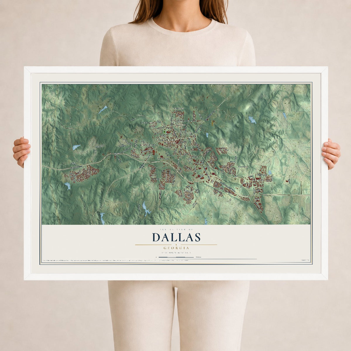 Dallas, Georgia map print, 24" x 36" W/ White Ayous Wood Frame mockup
