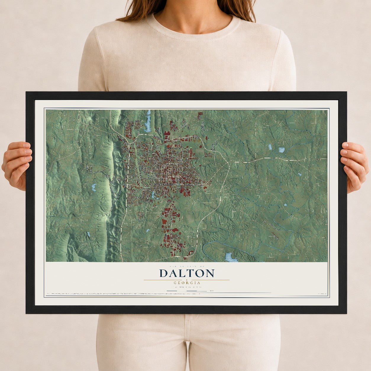 Dalton, Georgia map print, 12" x 18" W/ Black Ayous Wood Frame mockup