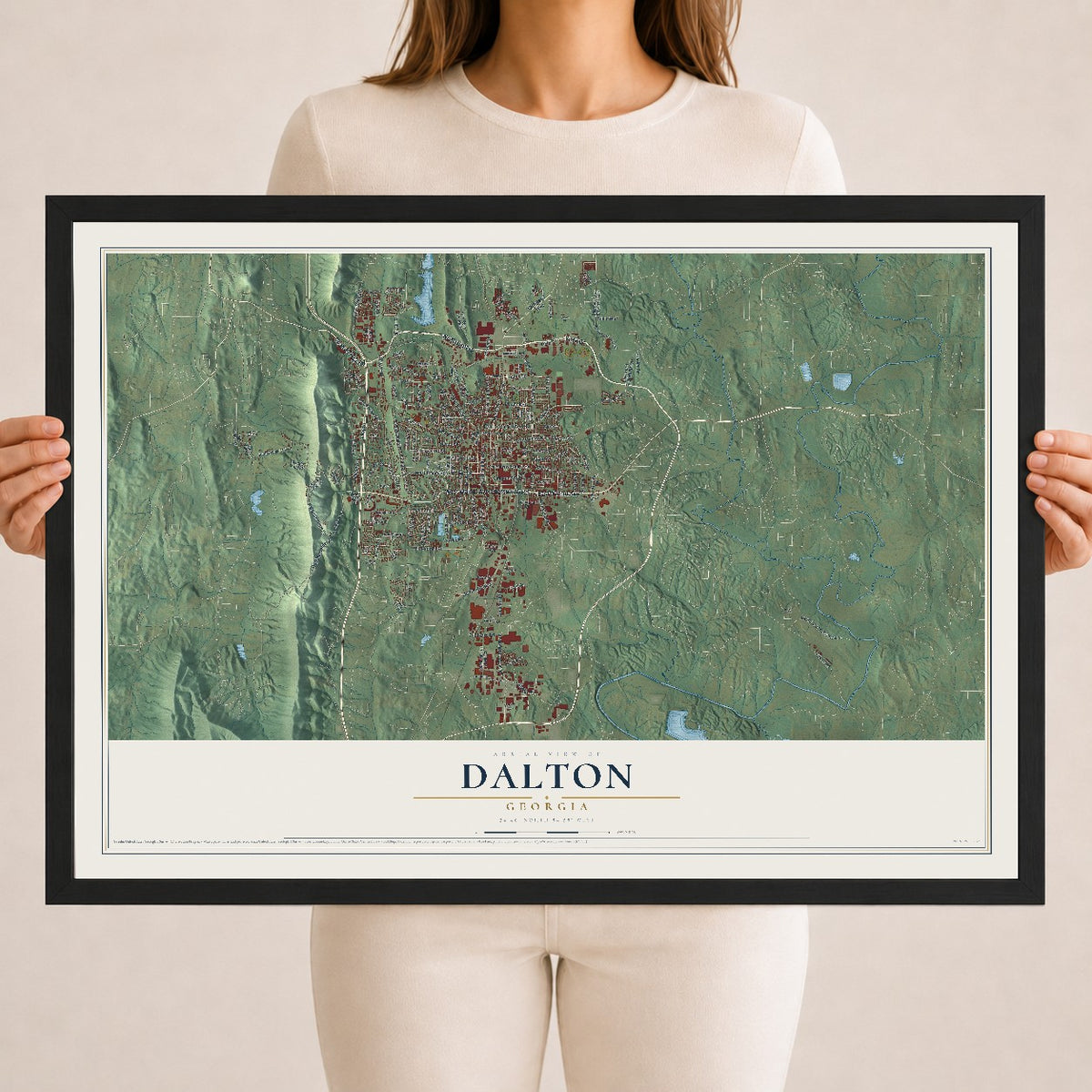 Dalton, Georgia map print, 18" x 24" W/ Black Ayous Wood Frame mockup
