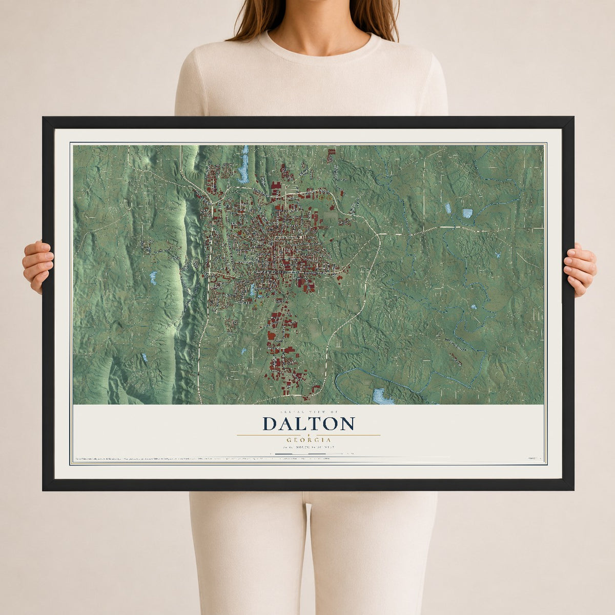 Dalton, Georgia map print, 24" x 36" W/ Black Ayous Wood Frame mockup