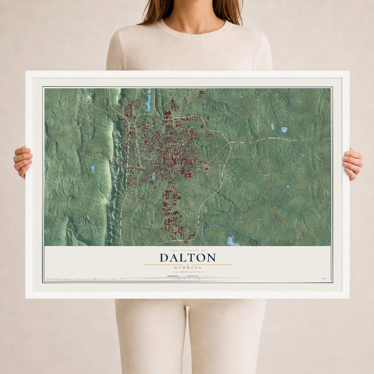 Dalton, Georgia map print, 24" x 36" W/ White Ayous Wood Frame mockup