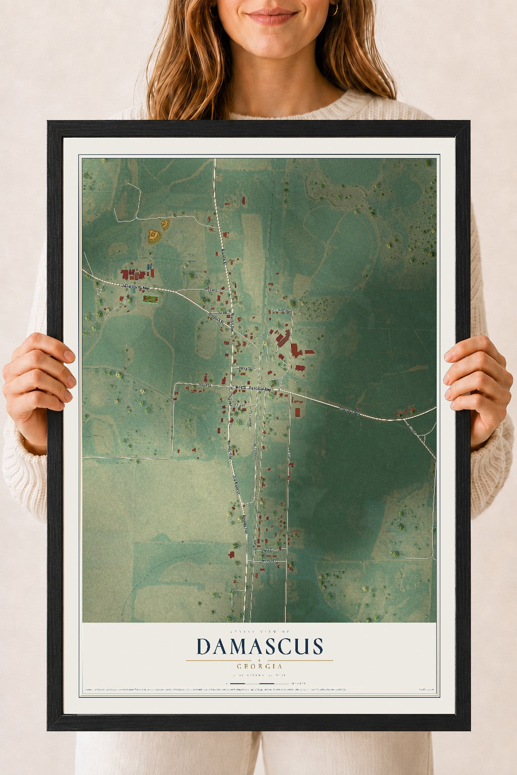 Damascus, Georgia map print, 18" x 24" W/ Black Ayous Wood Frame mockup