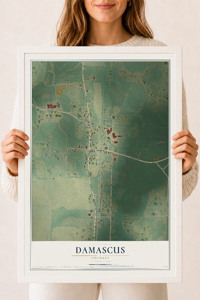 Damascus, Georgia map print, 18" x 24" W/ White Ayous Wood Frame mockup