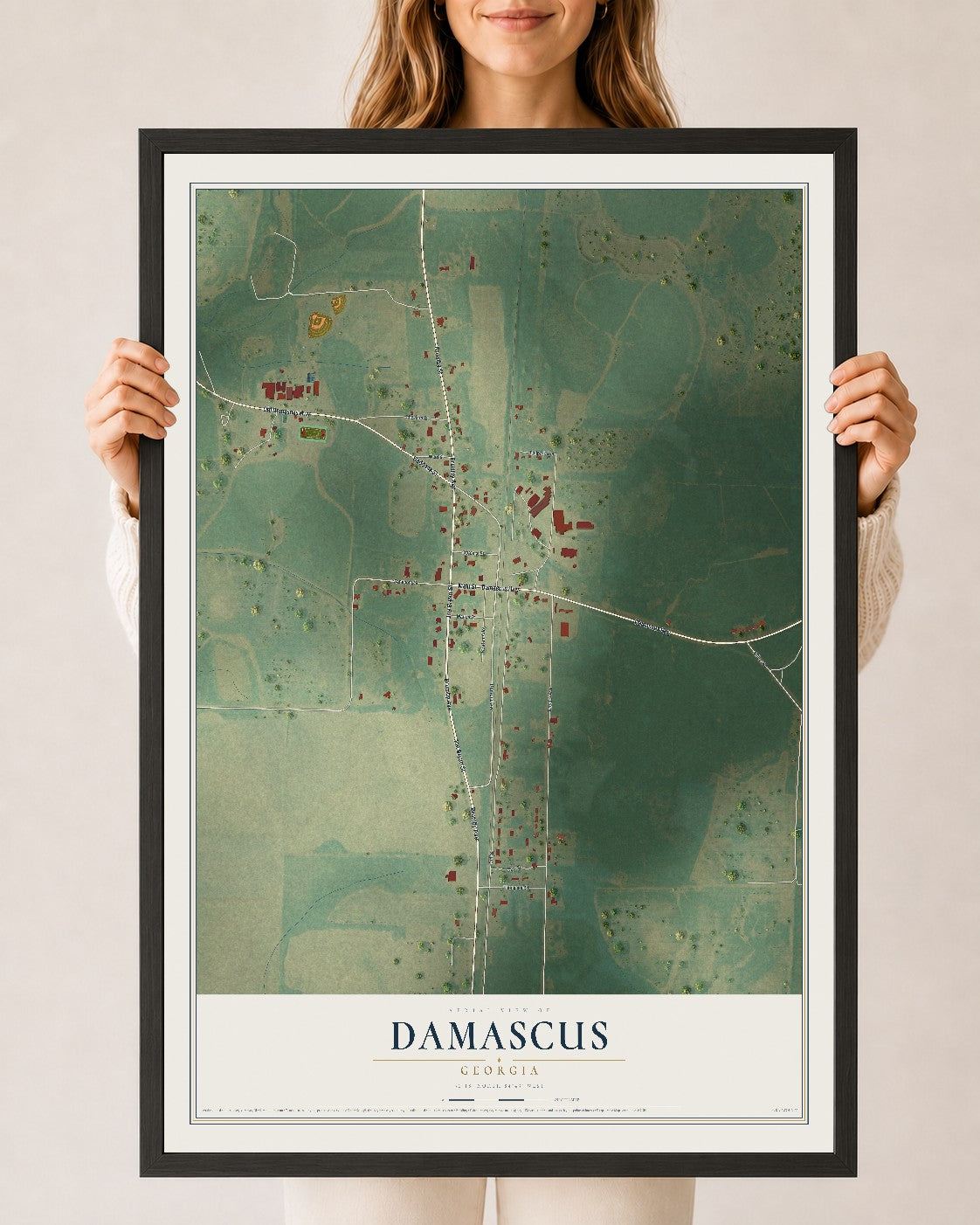 Damascus, Georgia map print, 24" x 36" W/ Black Ayous Wood Frame mockup