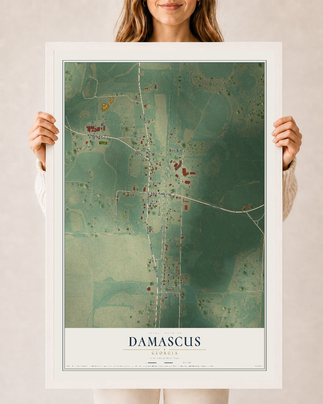 Damascus, Georgia map print, 24" x 36" W/ White Ayous Wood Frame mockup