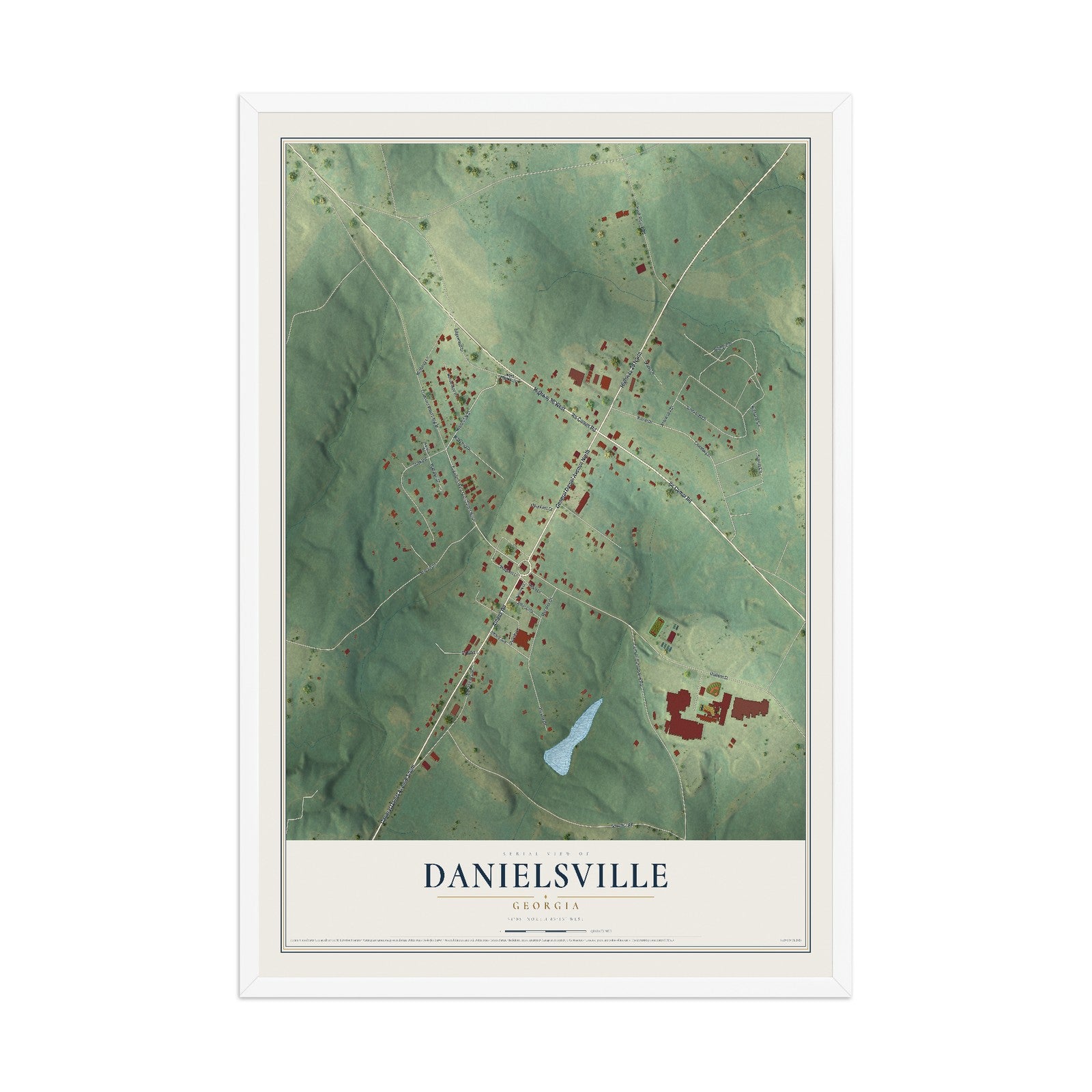 Danielsville, Georgia map print, 12" x 18" W/ White Ayous Wood Frame mockup